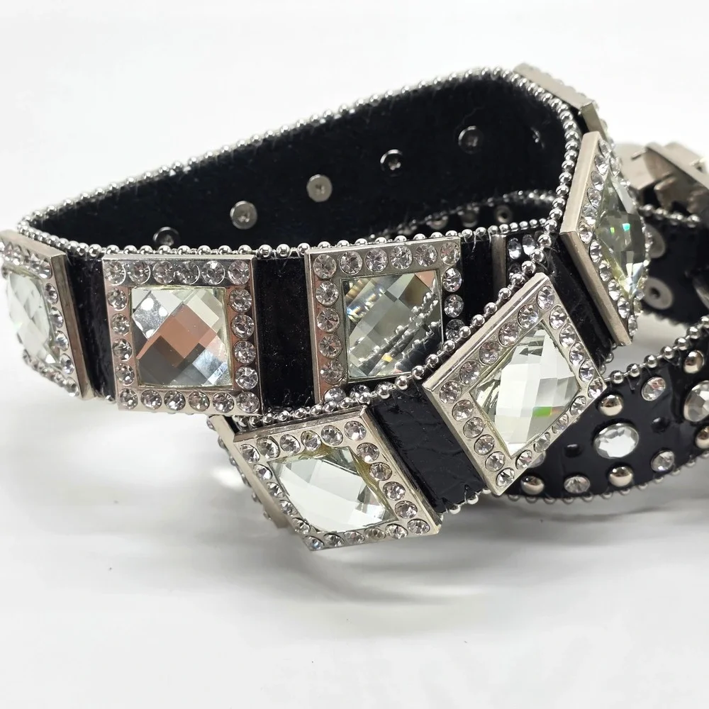 Black Leather Belt Rhinestone Crystal Western Bling Studded Large Y2K Rodeo Glam